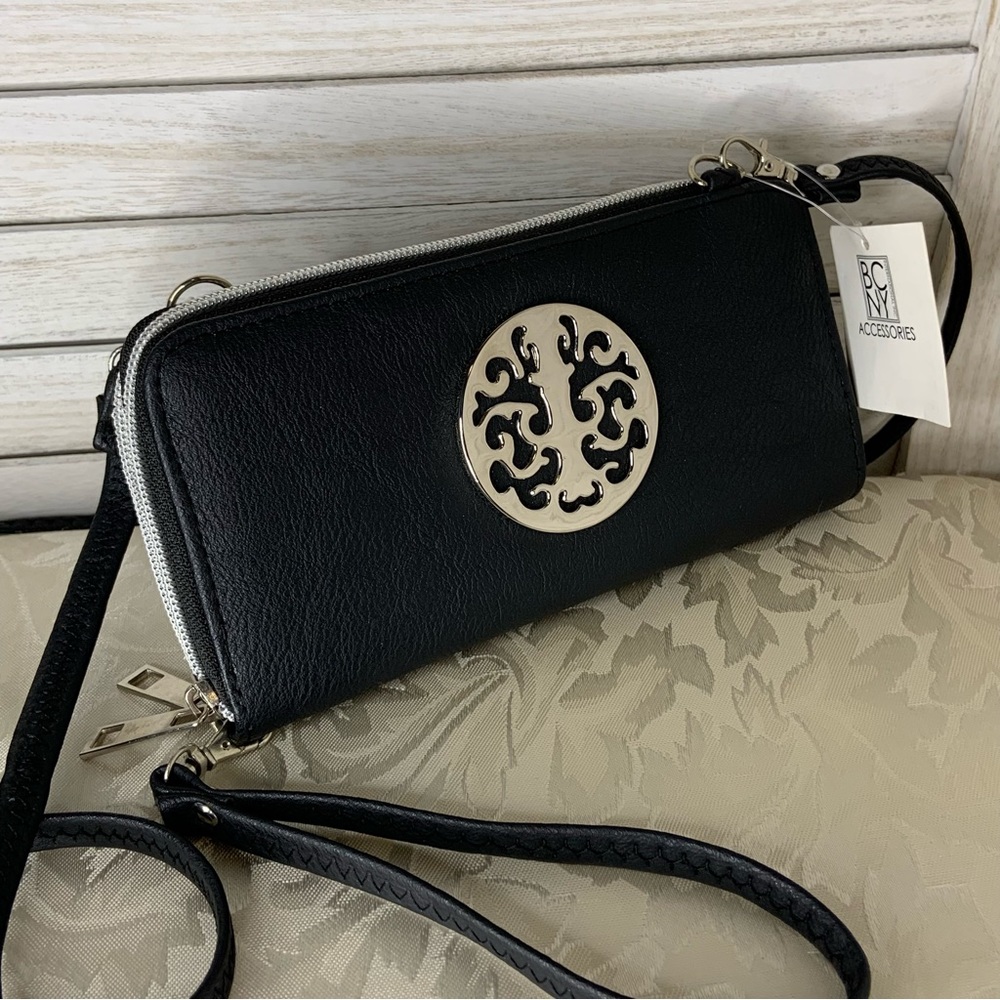 Double Zip Clutch Crossbody Bag Black Faux Leather and Silver Hardware New